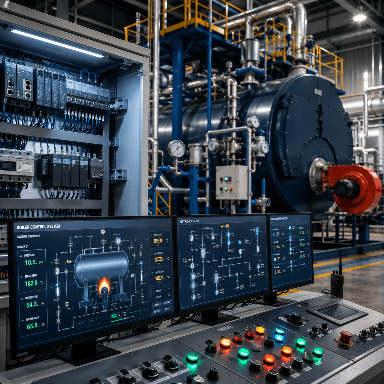 Engineer inspecting an automated industrial boiler system