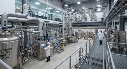 Chemical manufacturing facility with stainless steel vessels and process ducts