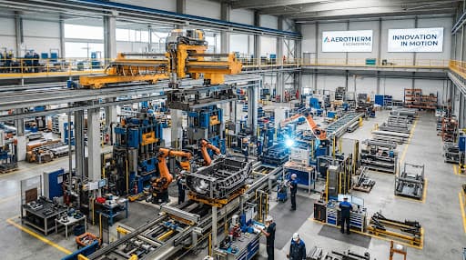 Heavy manufacturing assembly line with cranes and industrial machinery