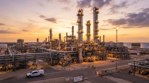 Oil and gas refinery towers and steel process piping at sunset
