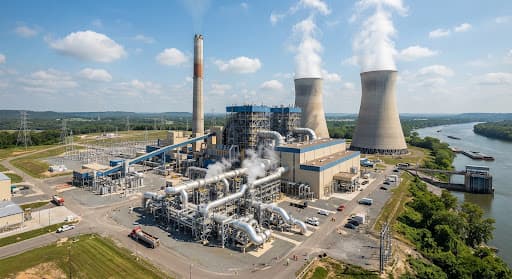 High-capacity thermal power generation plant with cooling towers and steam systems