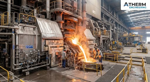 Steel mill production area with heavy thermal processing equipment