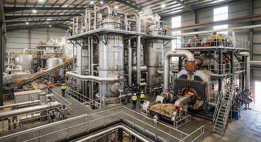 Industrial sugar mill with evaporation vessels and steam boilers